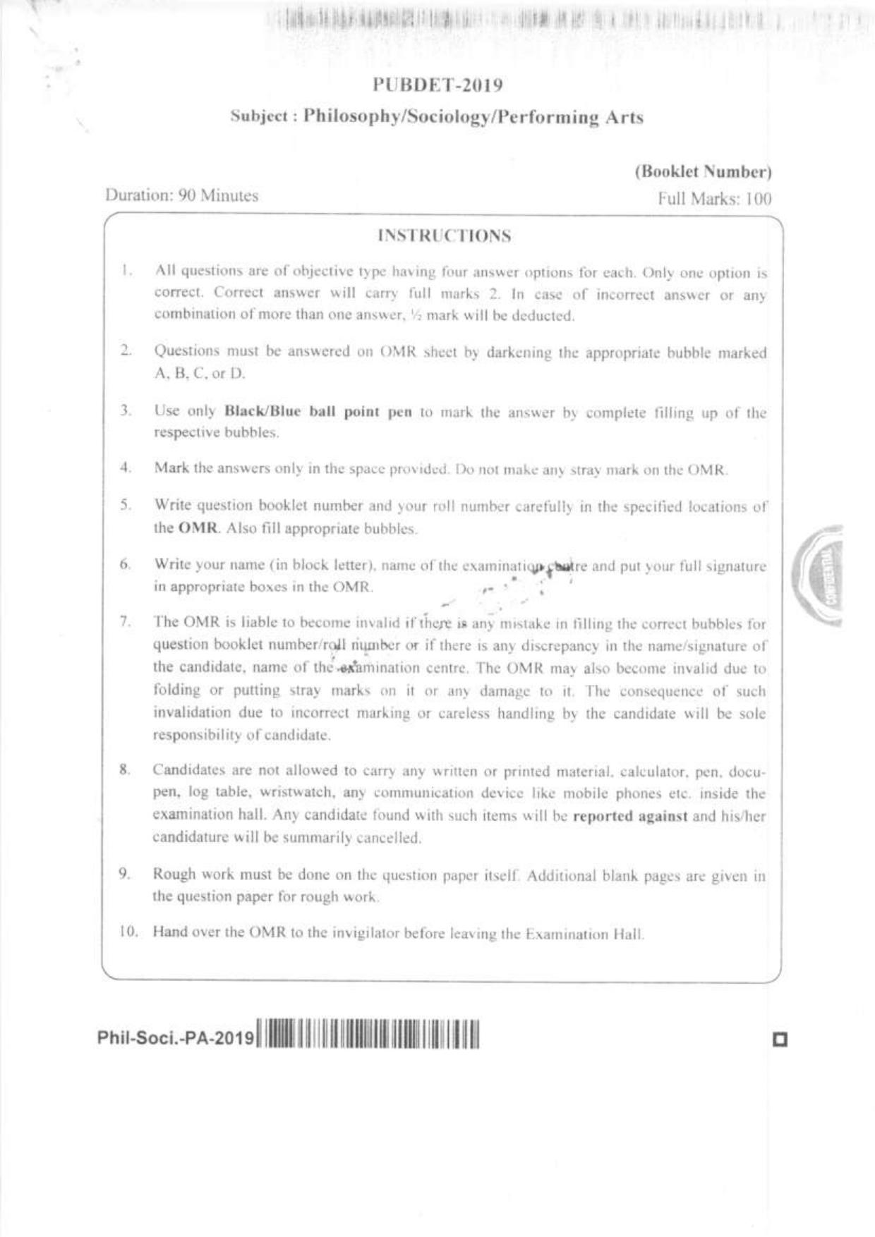 PUBDET 2019 Phil, Socio, Perf Arts Question Paper - Page 1