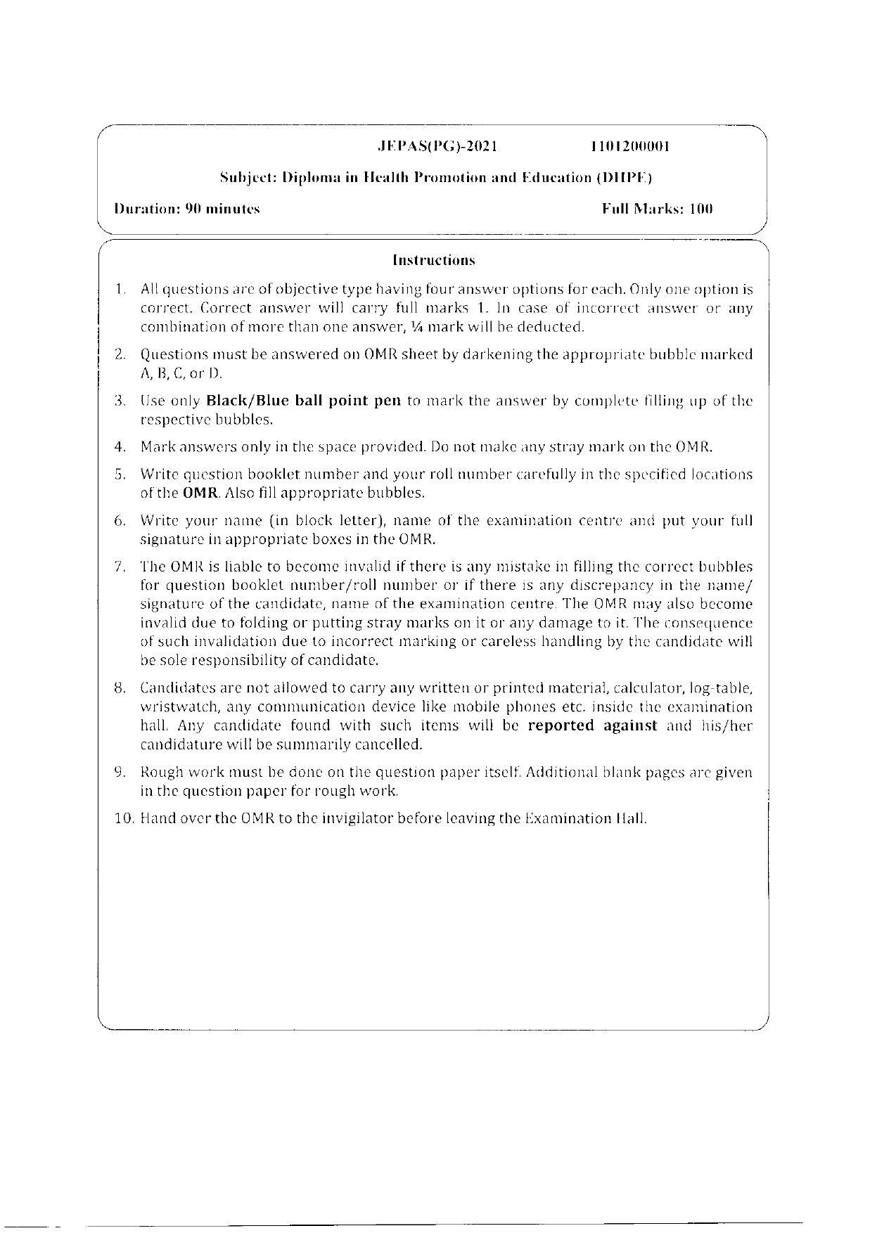 WBJEEB JEMAS (PG) 2021 DHPE Question Paper - Page 1