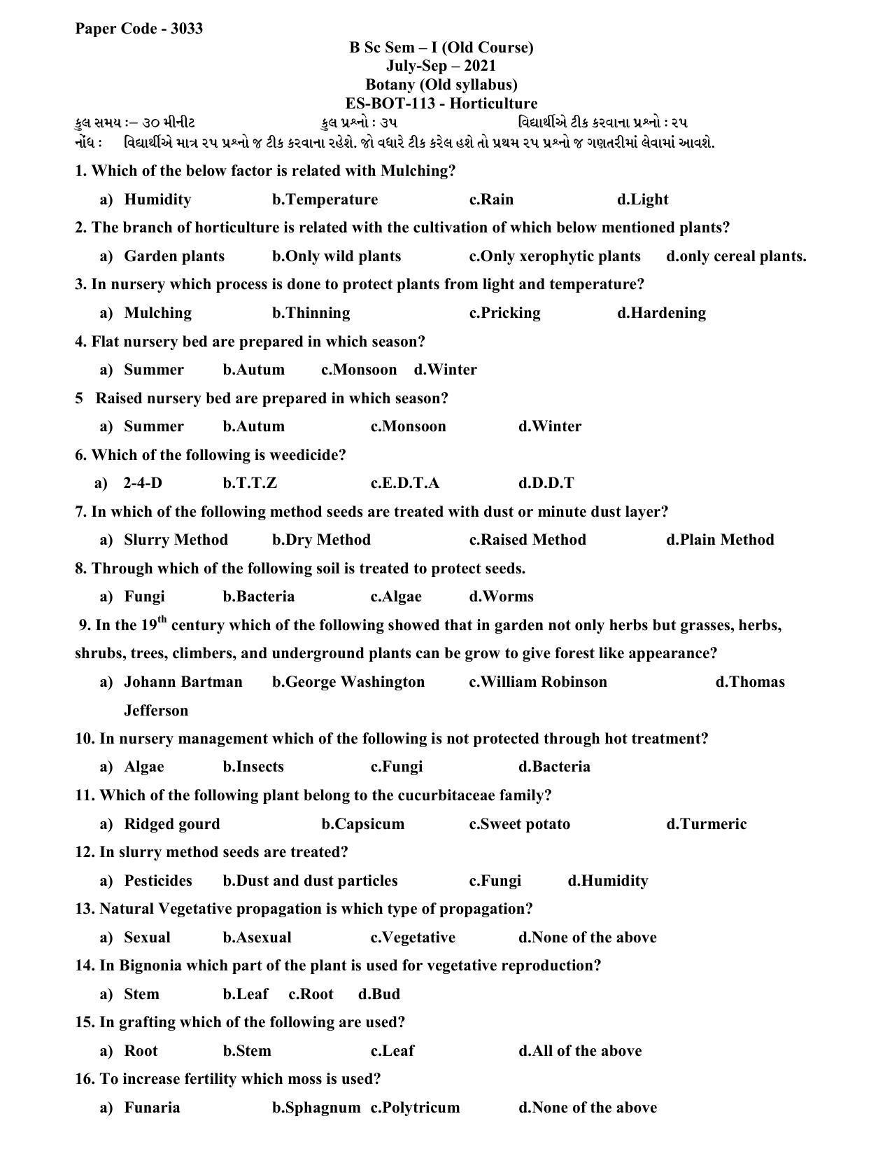 Hemchand North Gujarat University Sample Paper July-Sept 2021: B Sc Sem – I ES - Bot -113 Horticulture Paper Code - 3033 (Old Course) - Page 1
