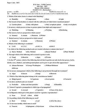 Hemchand North Gujarat University Sample Paper July-Sept 2021: B Sc Sem – I  ES - Bot -113 Horticulture Paper Code - 3033 (Old Course)