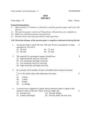 Nagaland Board Class 12 PHYSICS 2018 Question Papers