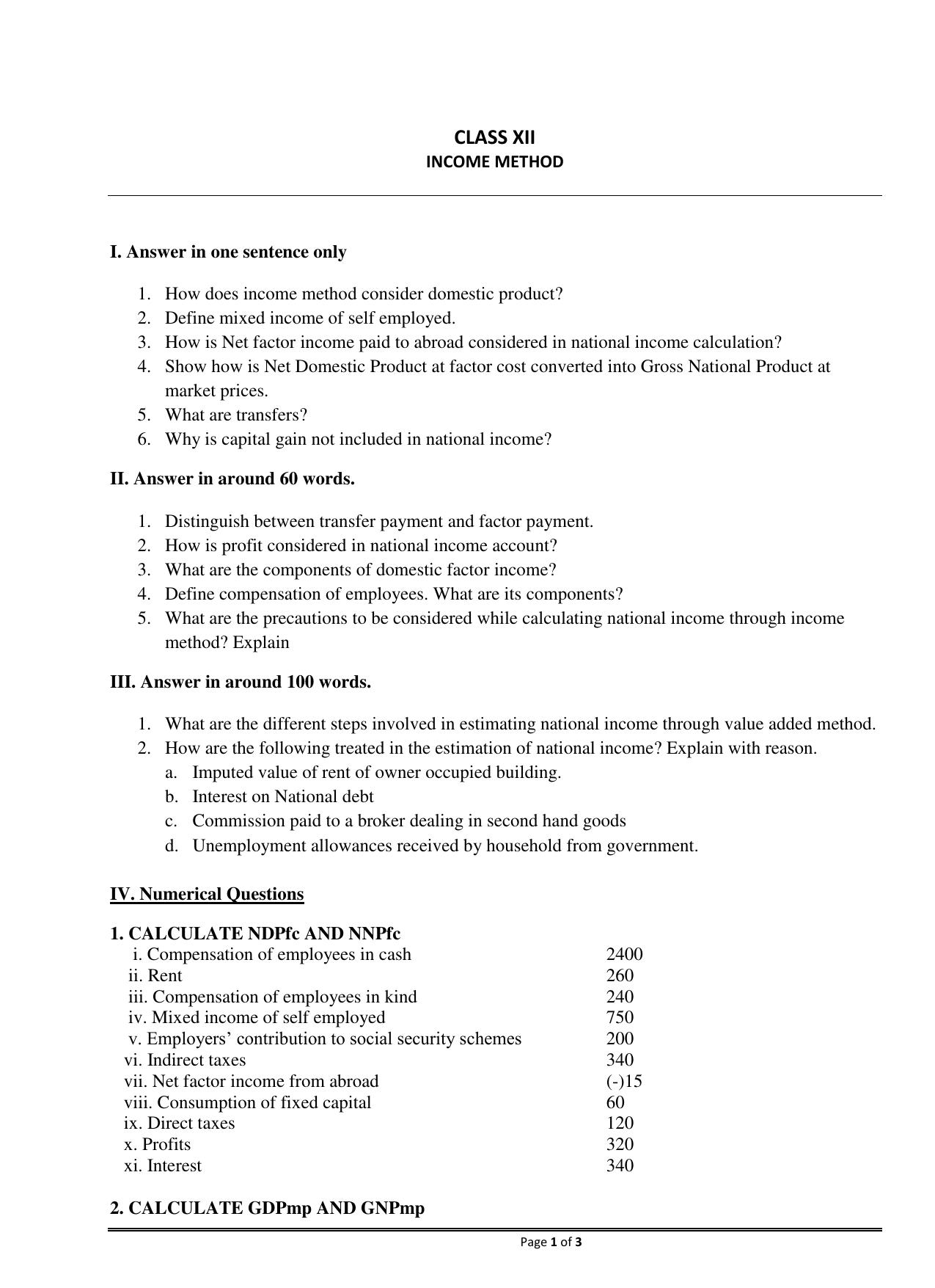 CBSE Class 12 Economics Income Method - Page 1
