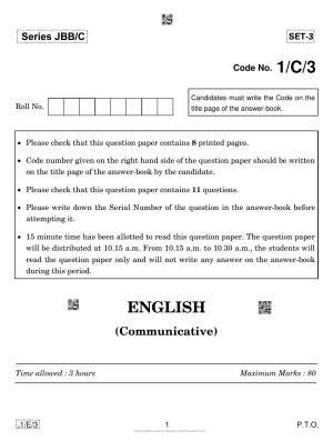 CBSE Class 10 1-C-3 English Communicative 2020 Compartment Question Paper