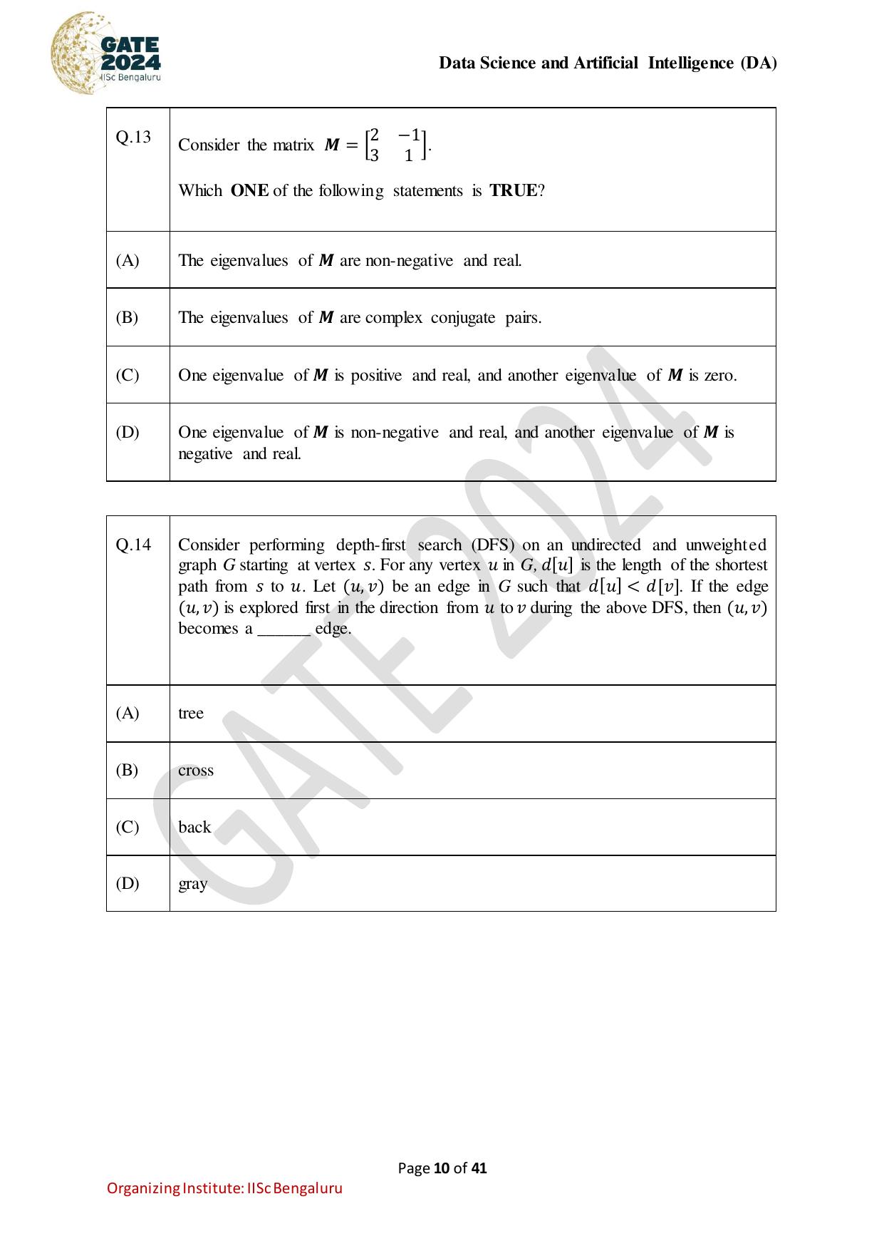 GATE 2024 Data Science and Artificial Intelligence (DA) Question Paper - Page 10