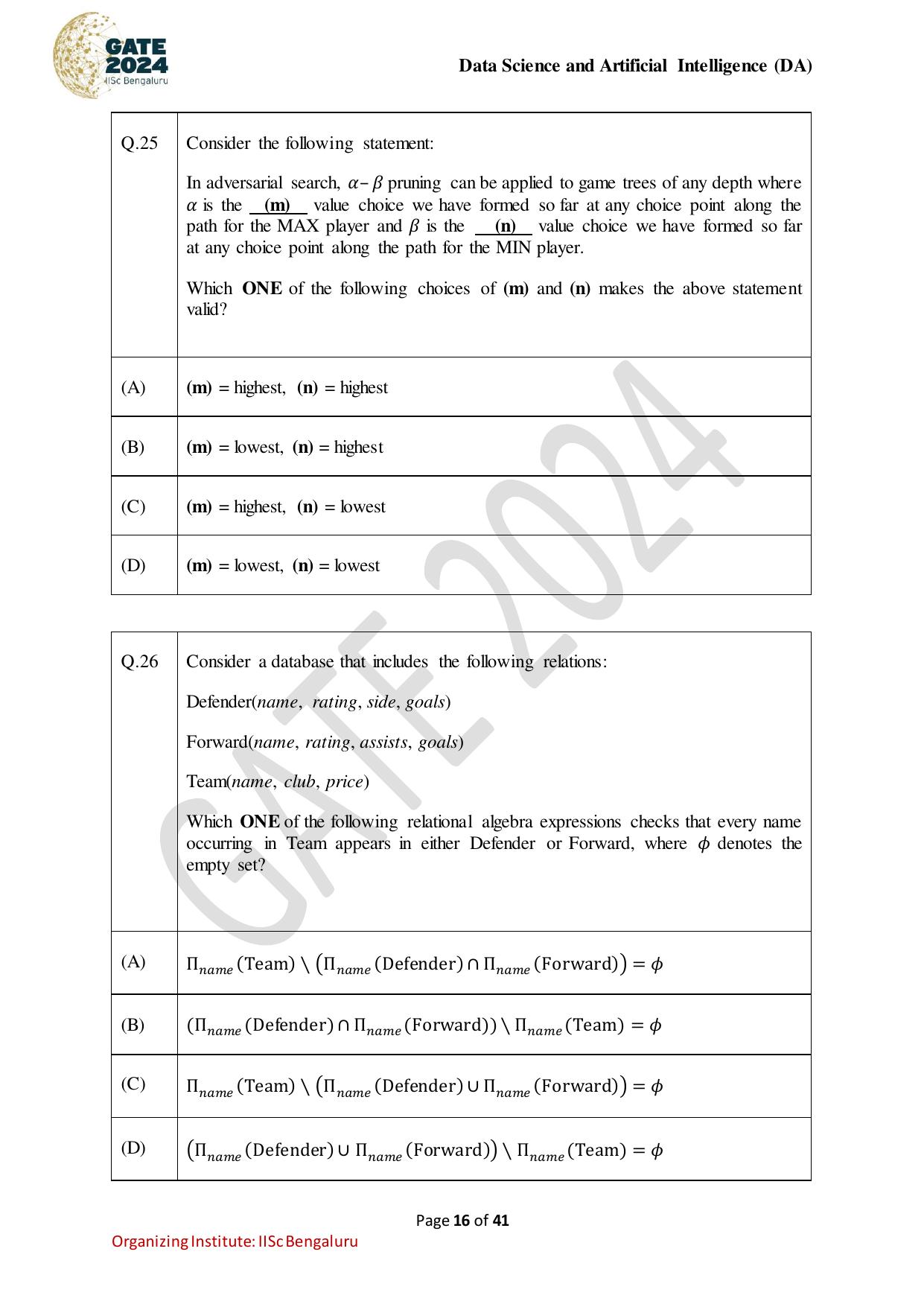 GATE 2024 Data Science and Artificial Intelligence (DA) Question Paper - Page 16