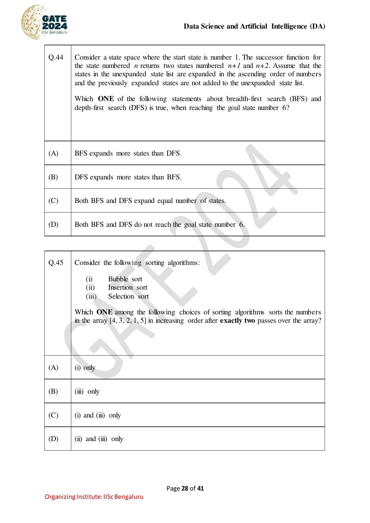GATE 2024 Data Science and Artificial Intelligence (DA) Question Paper - Page 28