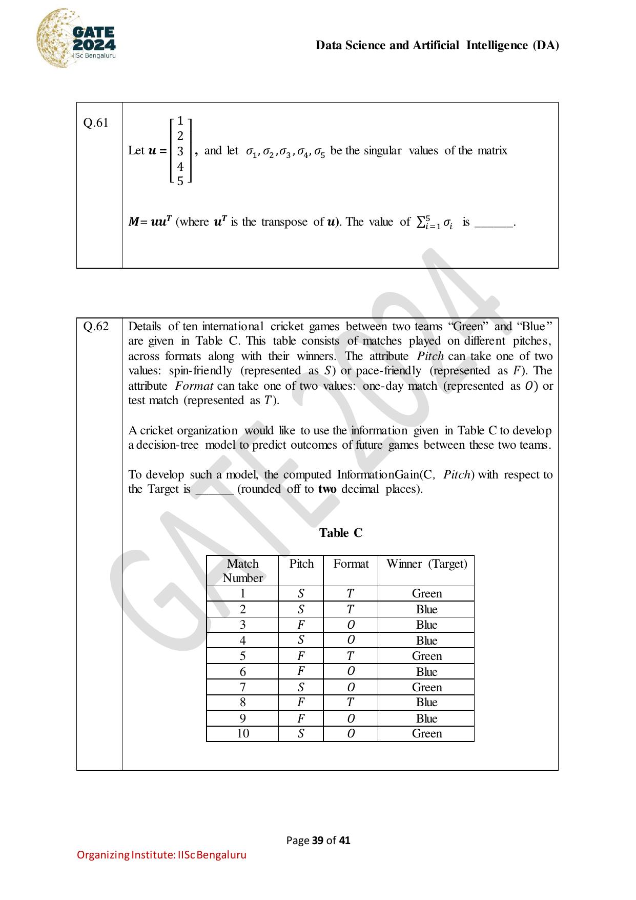 GATE 2024 Data Science and Artificial Intelligence (DA) Question Paper - Page 39