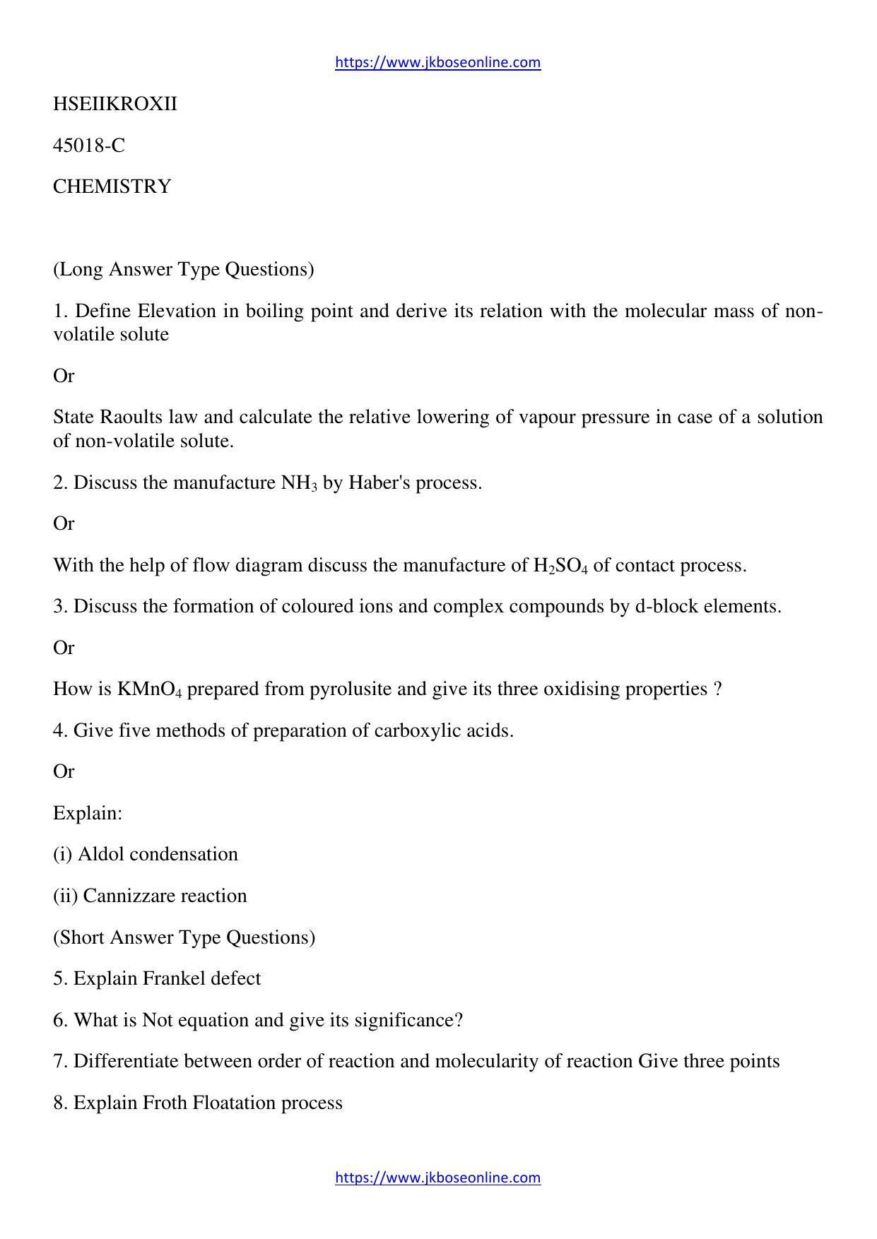 JKBOSE Class 12 Chemistry Question Papers 2012 (45018-C) - Page 1