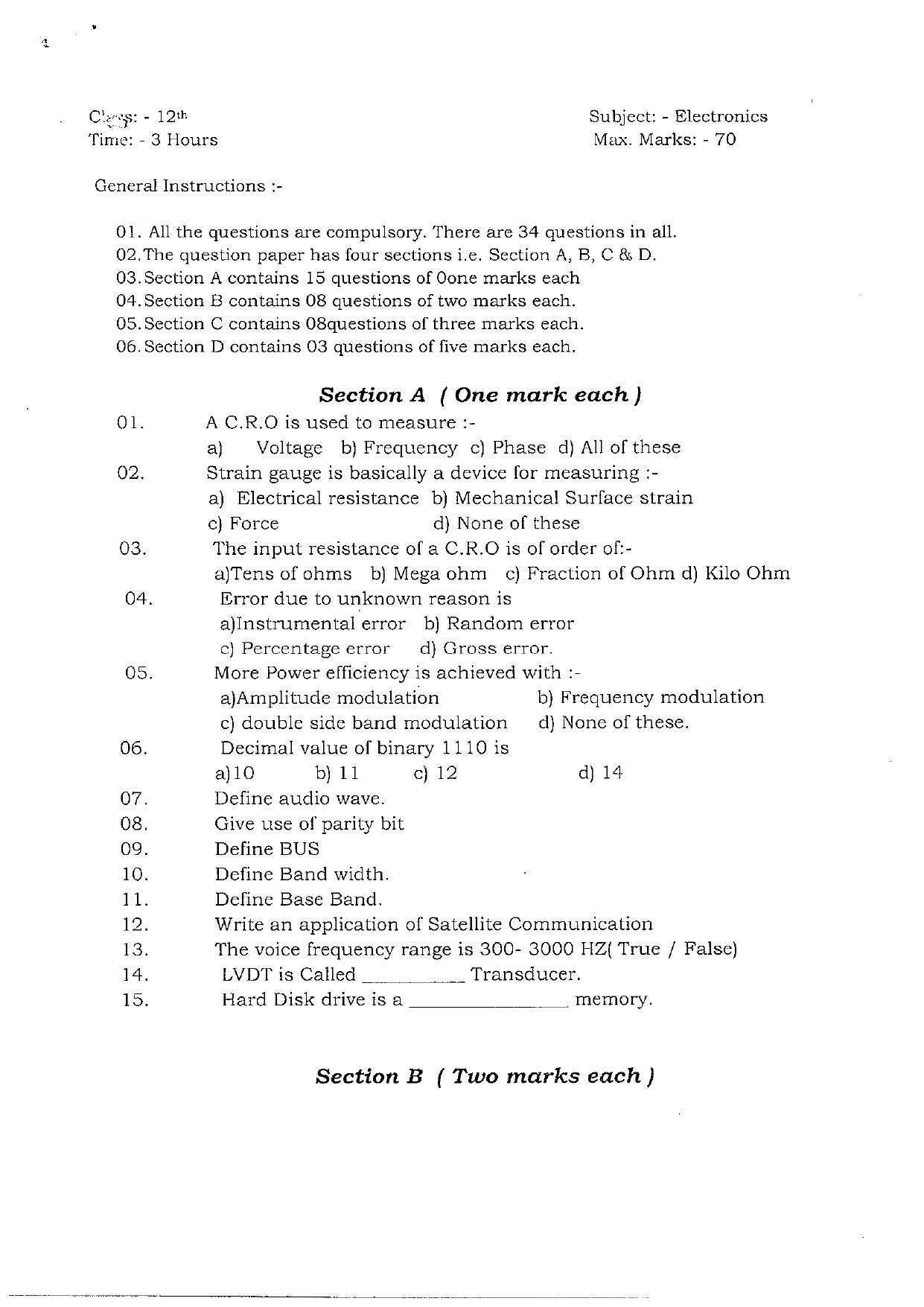 JKBOSE Class 12 Electronics Model Question Paper - Page 1