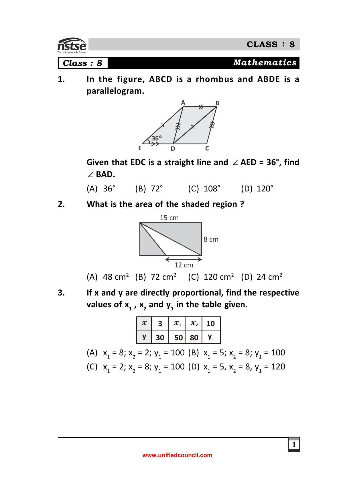 2023 Class 8 NSTSE Sample Question Papers - Page 1