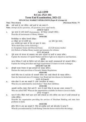 Bilaspur University Question Paper 2021-2022: B.COM Part -III (Three) (10+2+3) (II) Financial Market Ooperations Paper 2