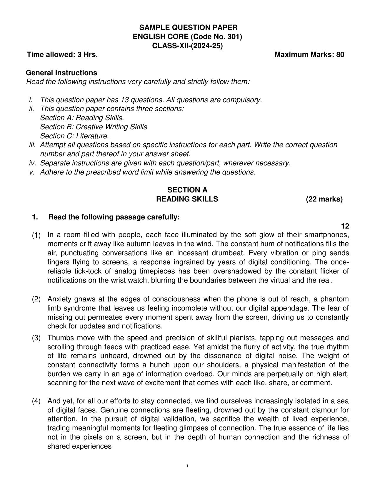 CBSE Class 12 English Core Sample Question Paper 2024-25 - Page 1