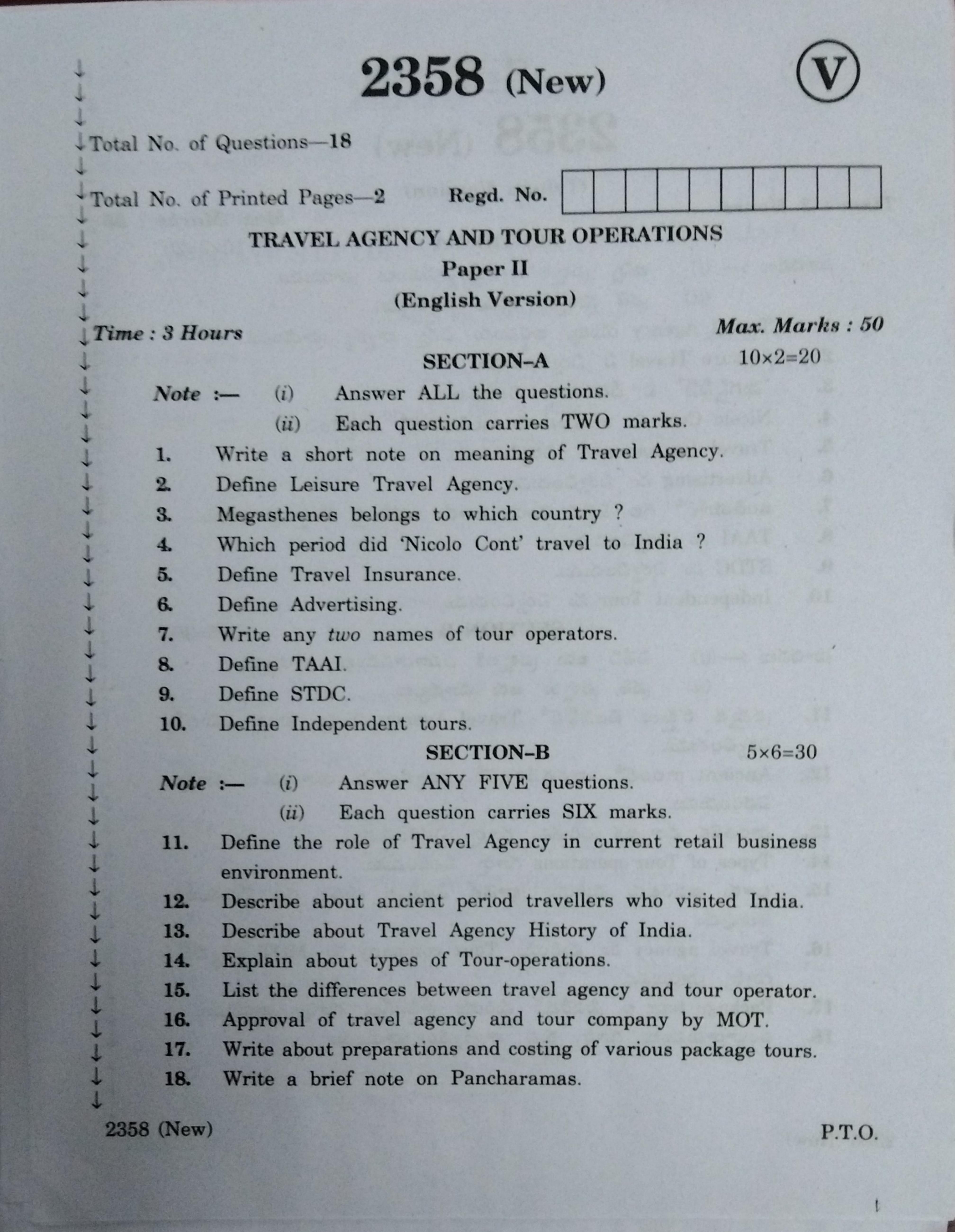 AP Inter 2nd Year Travel Agency and Tour Operations-II (new) March-2020-Vocational Question Paper - Page 1