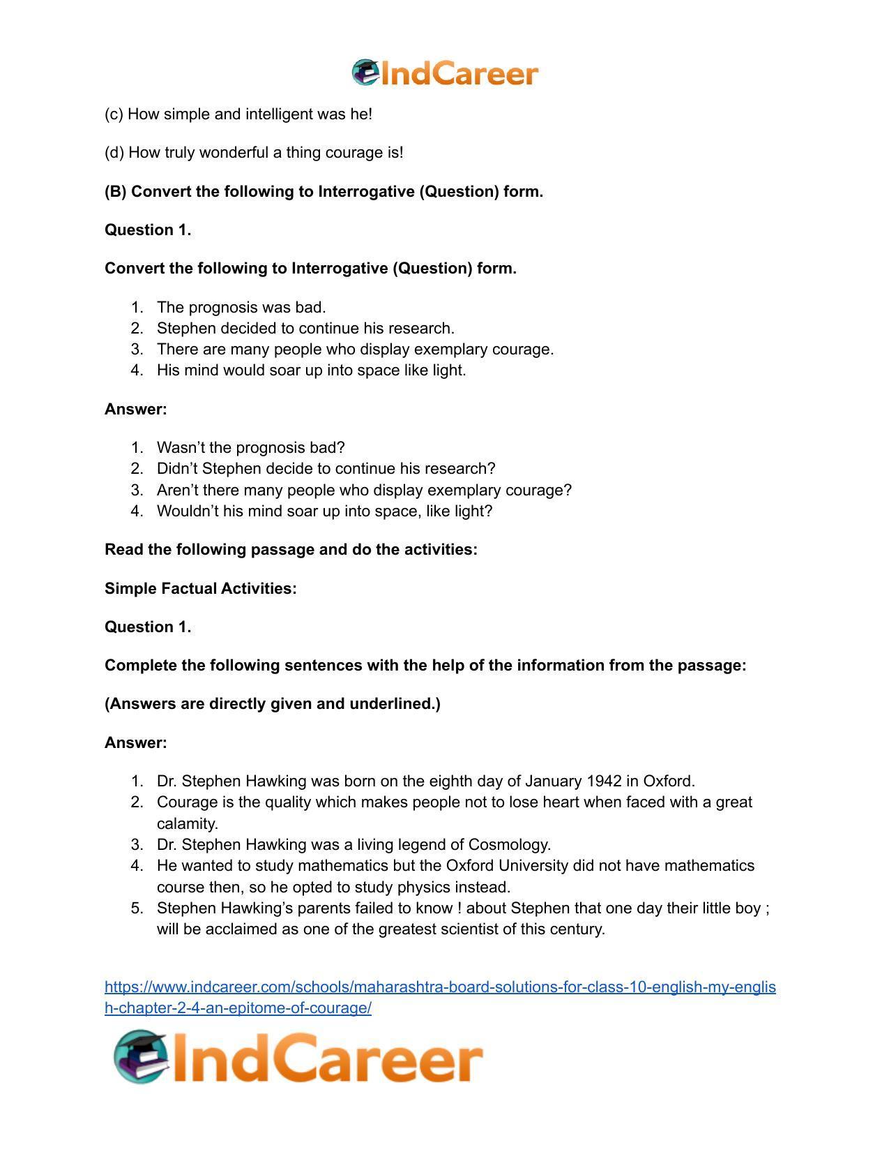 Maharashtra Board Solutions for Class 10- English (My English): Chapter 2.4- An Epitome of Courage - Page 14