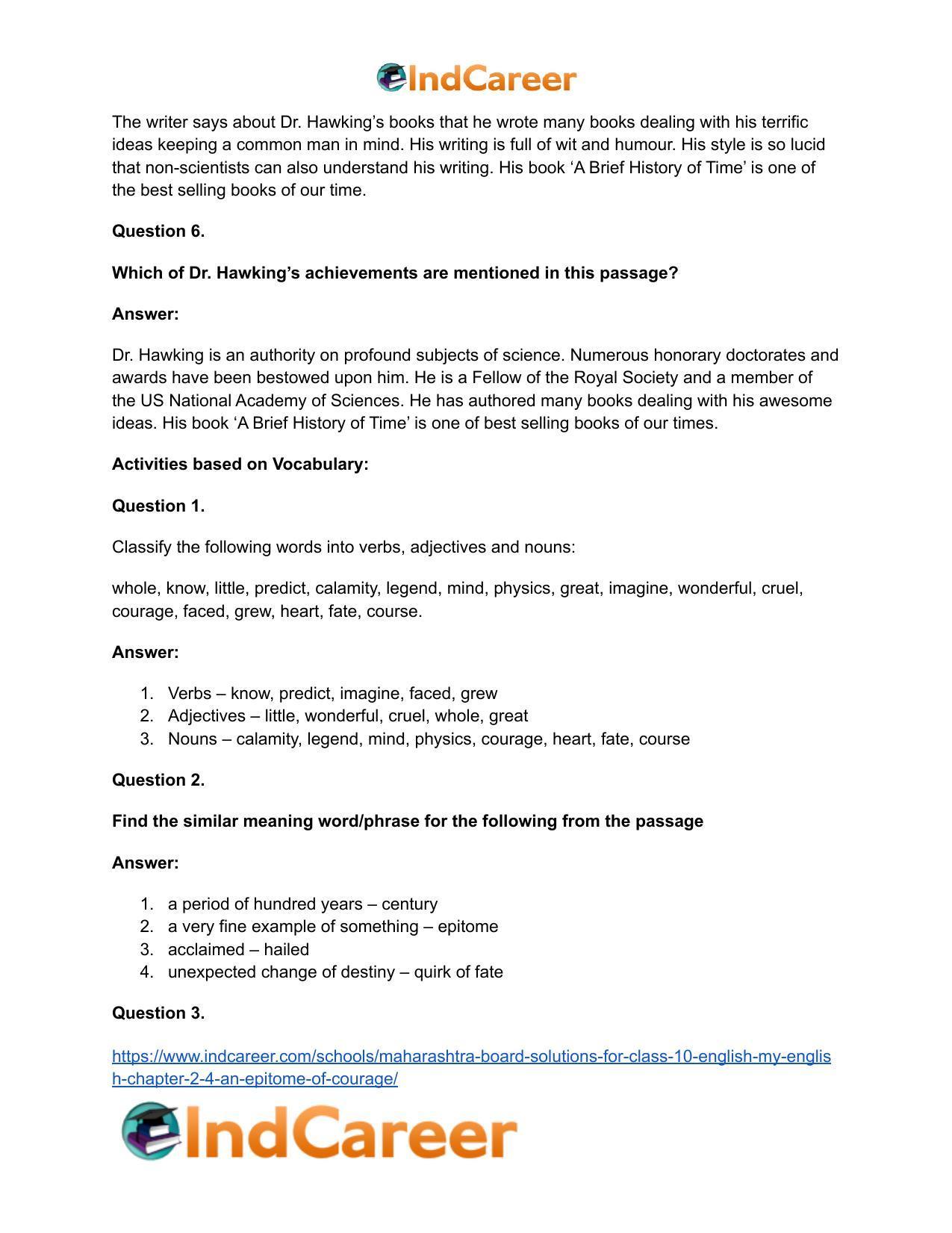 Maharashtra Board Solutions for Class 10- English (My English): Chapter 2.4- An Epitome of Courage - Page 18