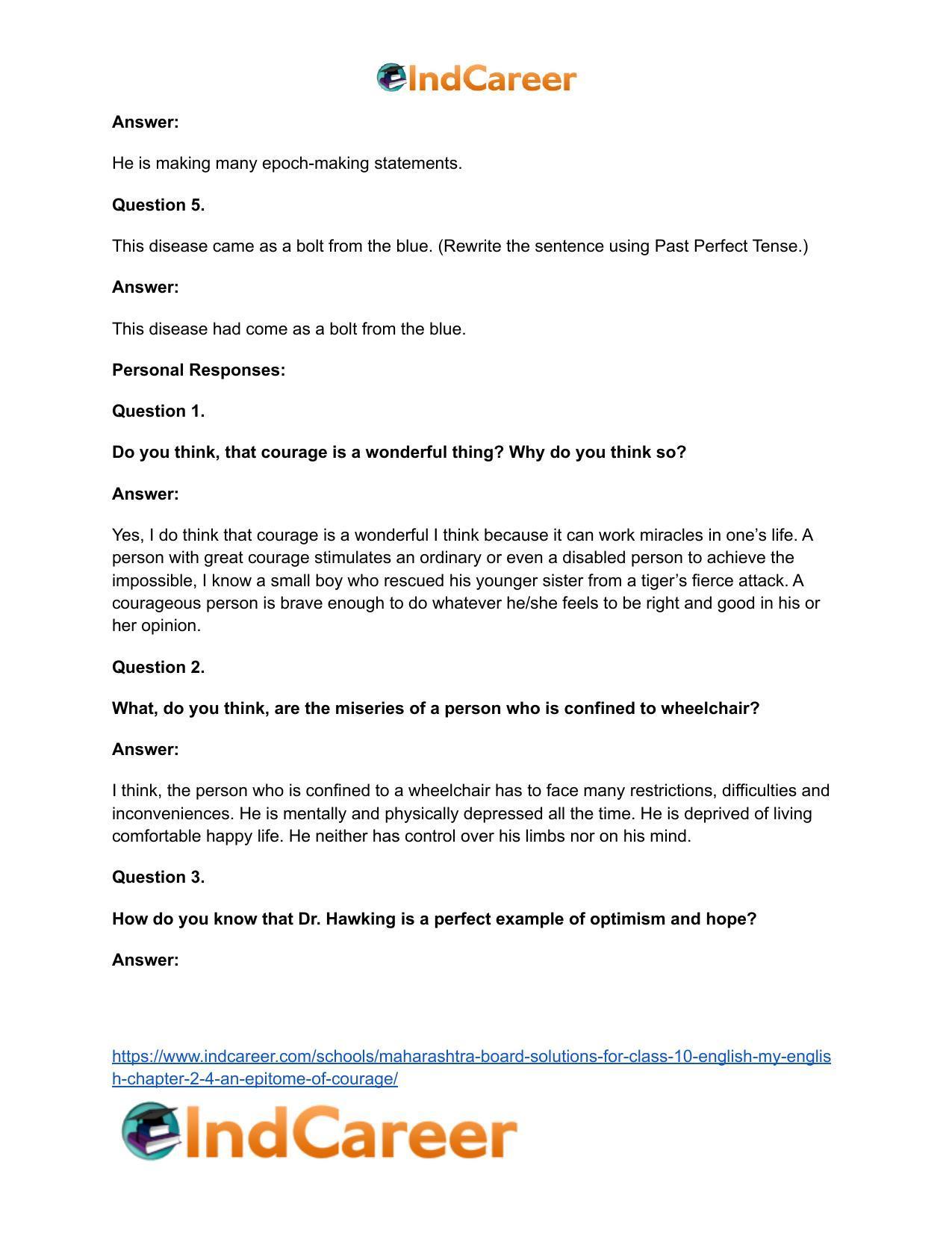 Maharashtra Board Solutions for Class 10- English (My English): Chapter 2.4- An Epitome of Courage - Page 22