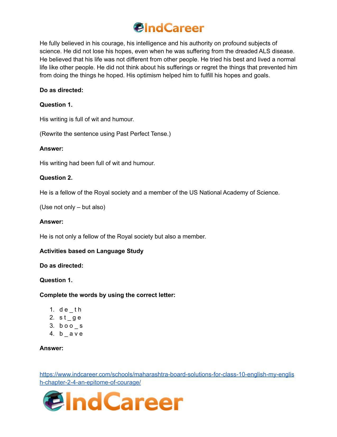 Maharashtra Board Solutions for Class 10- English (My English): Chapter 2.4- An Epitome of Courage - Page 23
