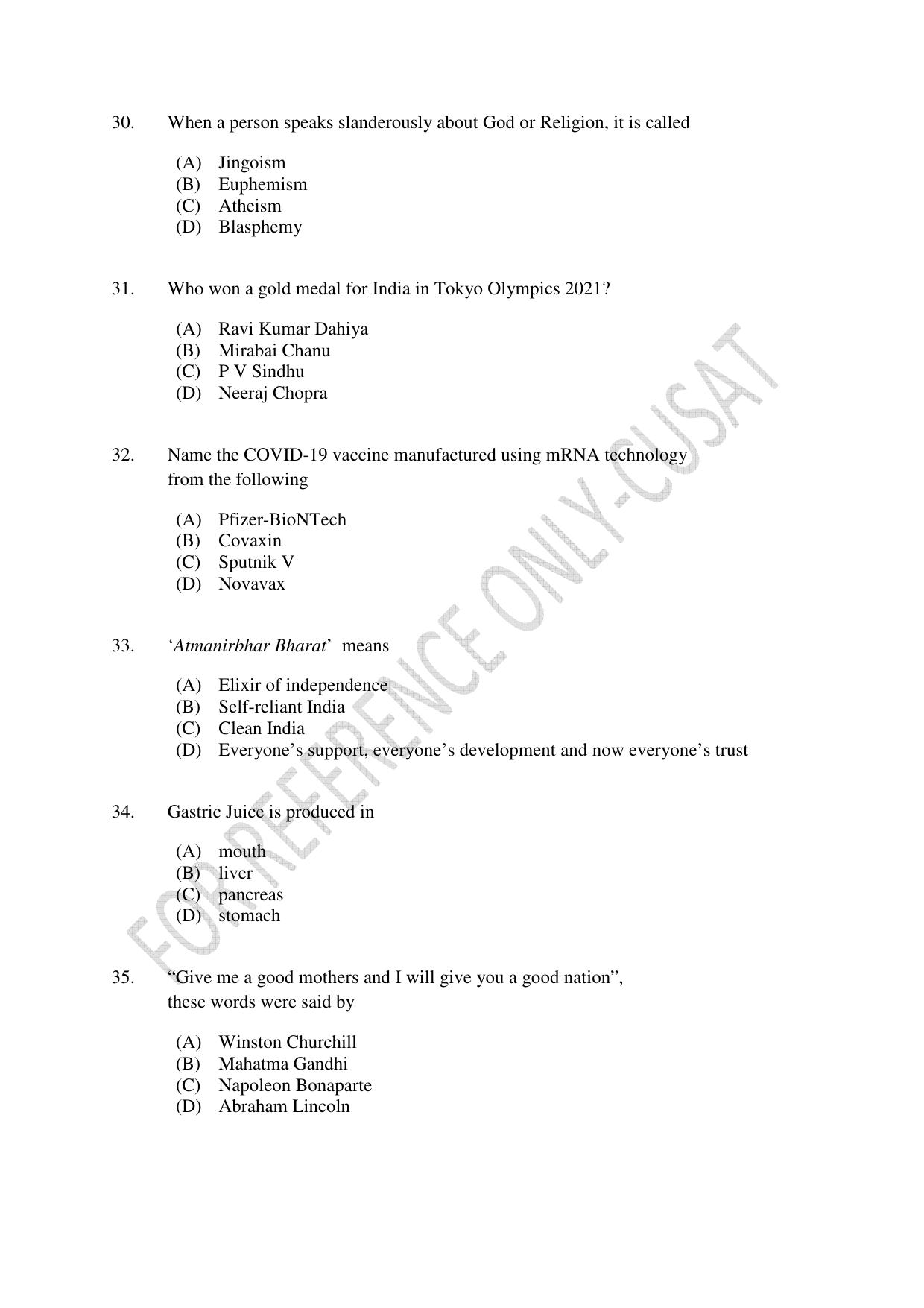 CUSAT CAT 2022 Test for Masters in Bioethics Question Paper - Page 7