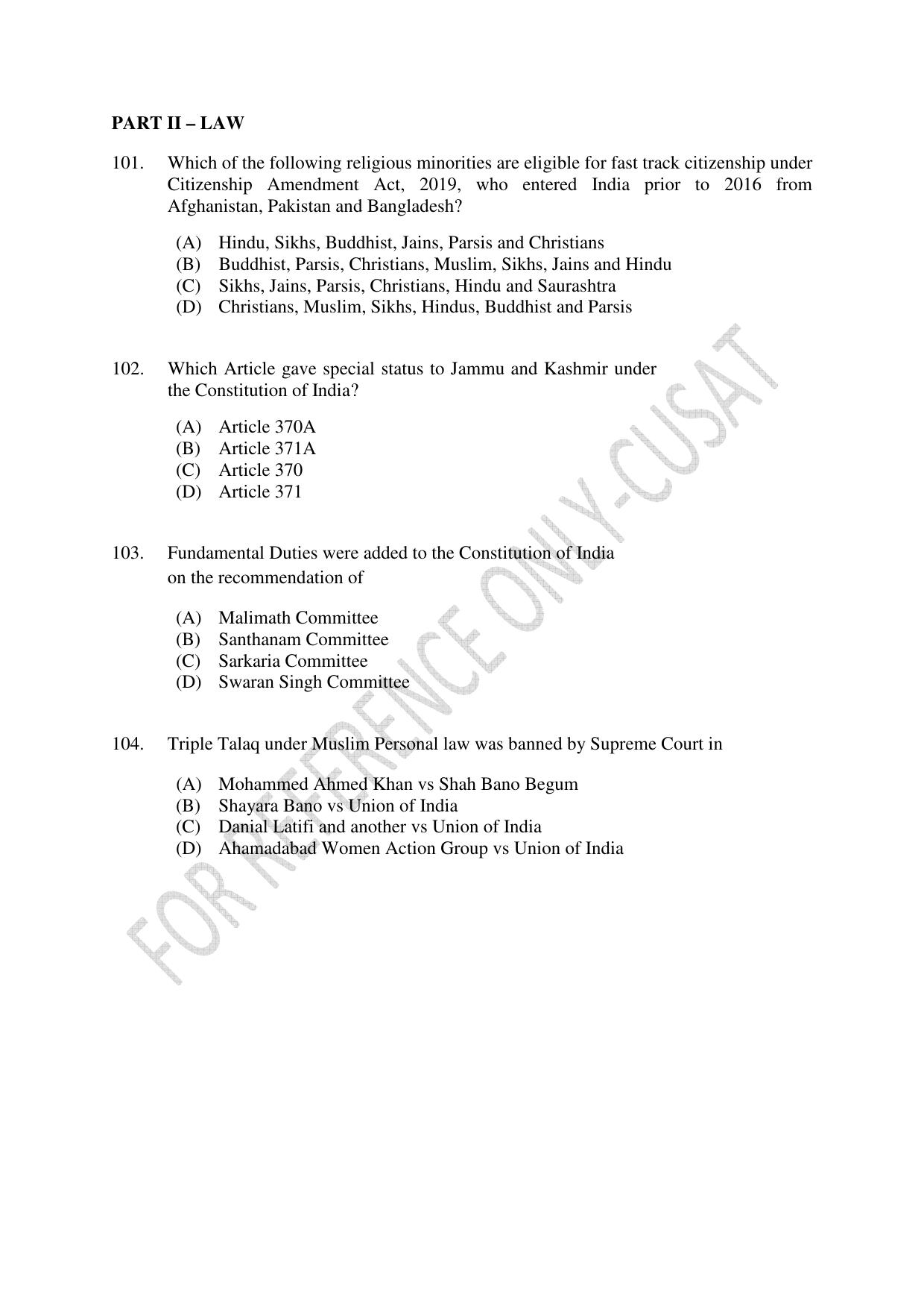 CUSAT CAT 2022 Test for Masters in Bioethics Question Paper - Page 27