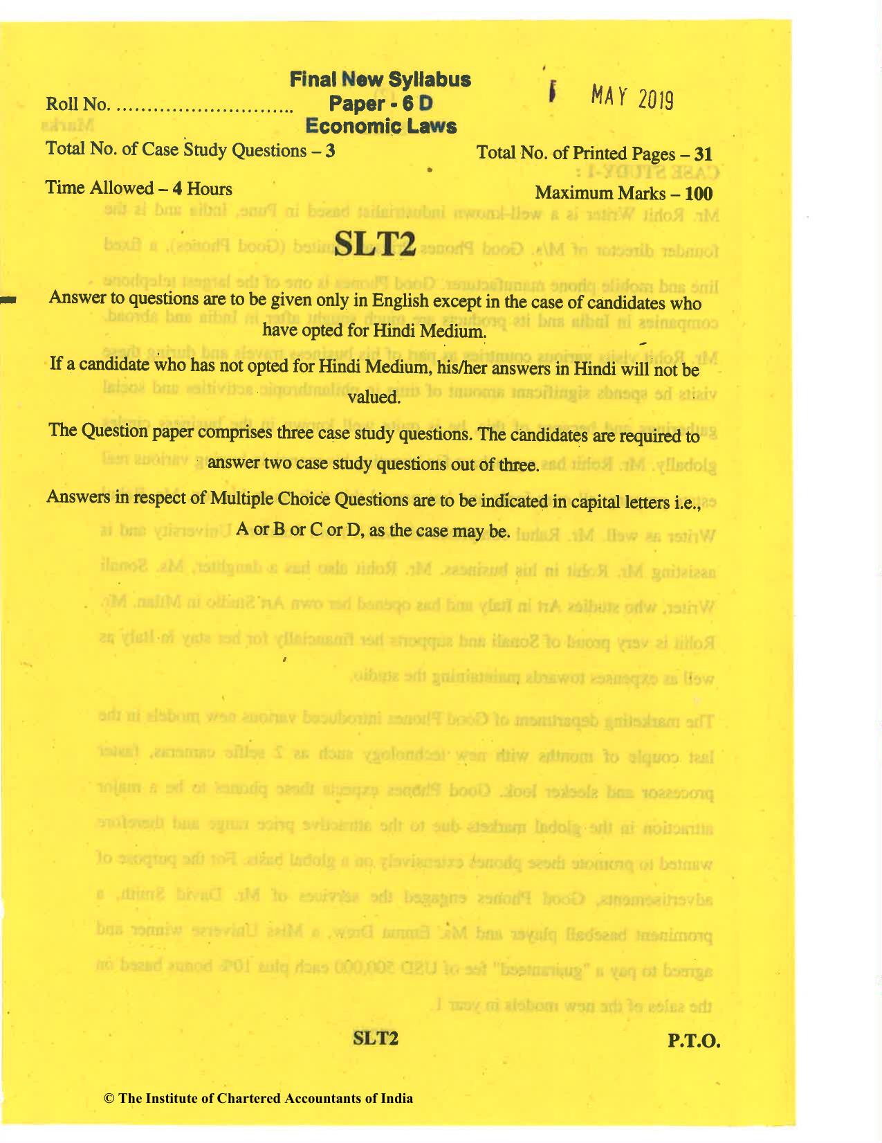 CA Final May 2019 Question Paper - Paper 6D – Economic Laws - Page 1