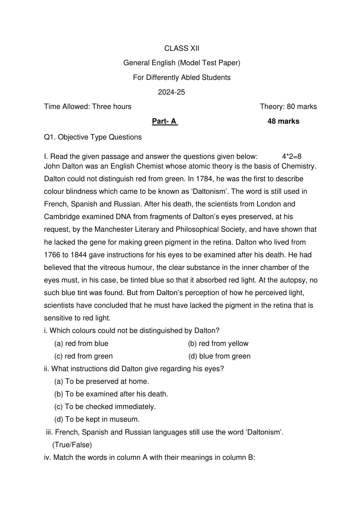 PSEB Class 12 General English (For DA Students) Model Papers 2025 - Page 1