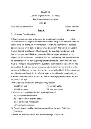 PSEB Class 12 General English (For DA Students) Model Papers 2025