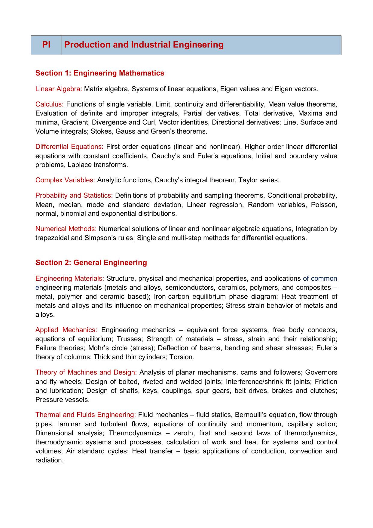 GATE Production and Industrial Engineering Syllabus - Page 1