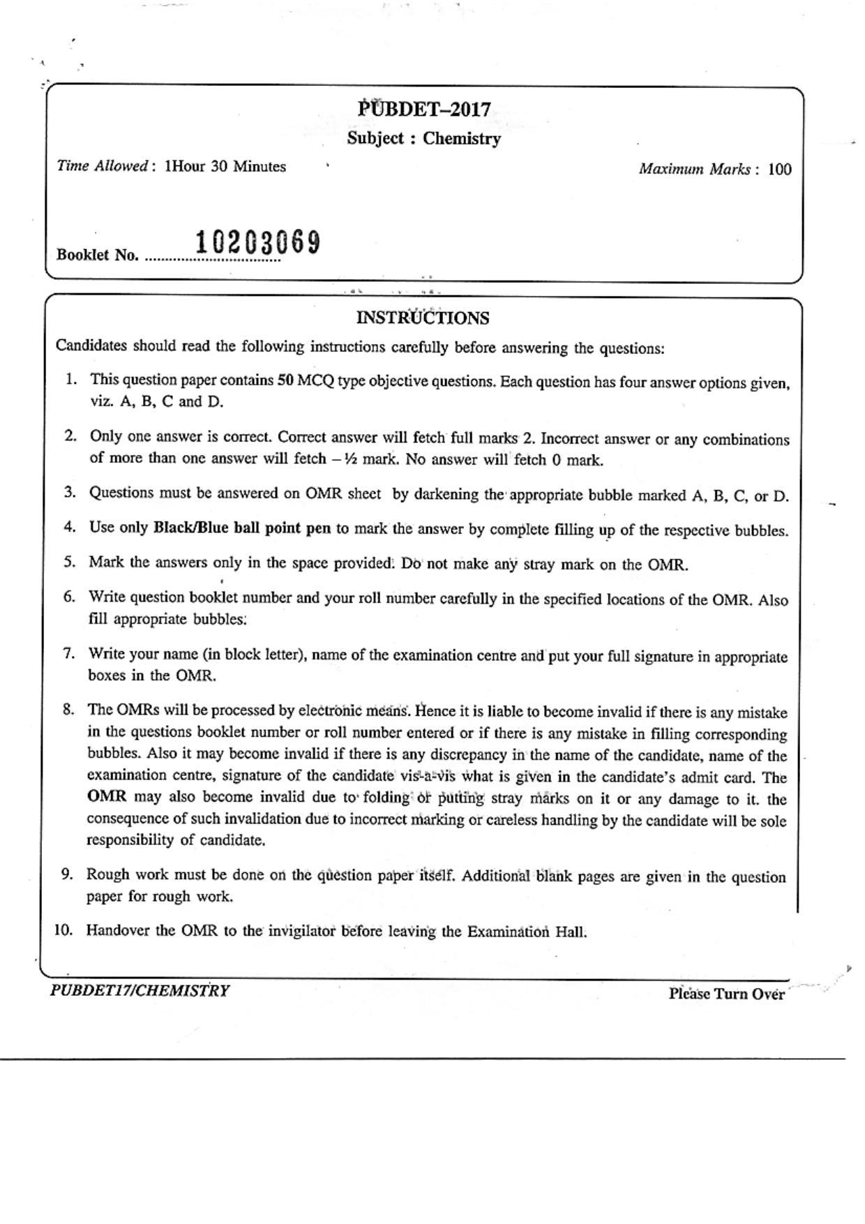 PUBDET 2017 Chemistry Question Papers - Page 1