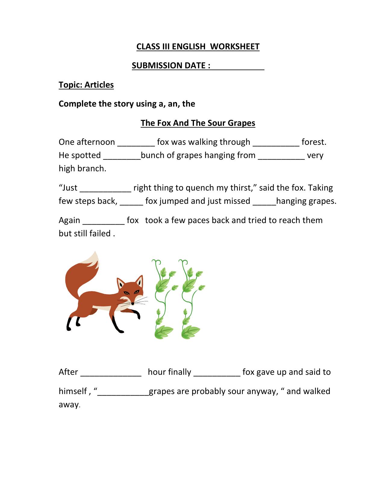 Worksheet for Class 3 English Articles Assignment - Page 1