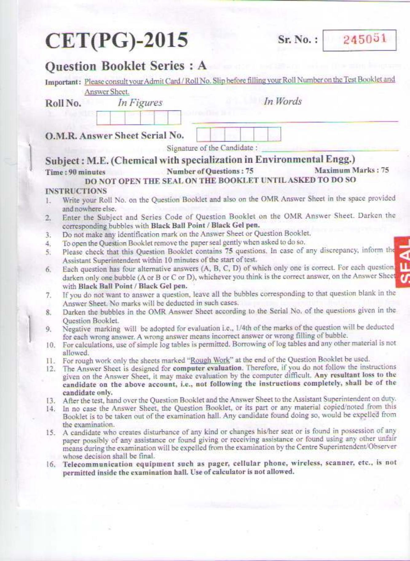 PU CET PG 2015: M.E. (Chemical with specialization in Environmental Engg.) Question Paper - Page 1
