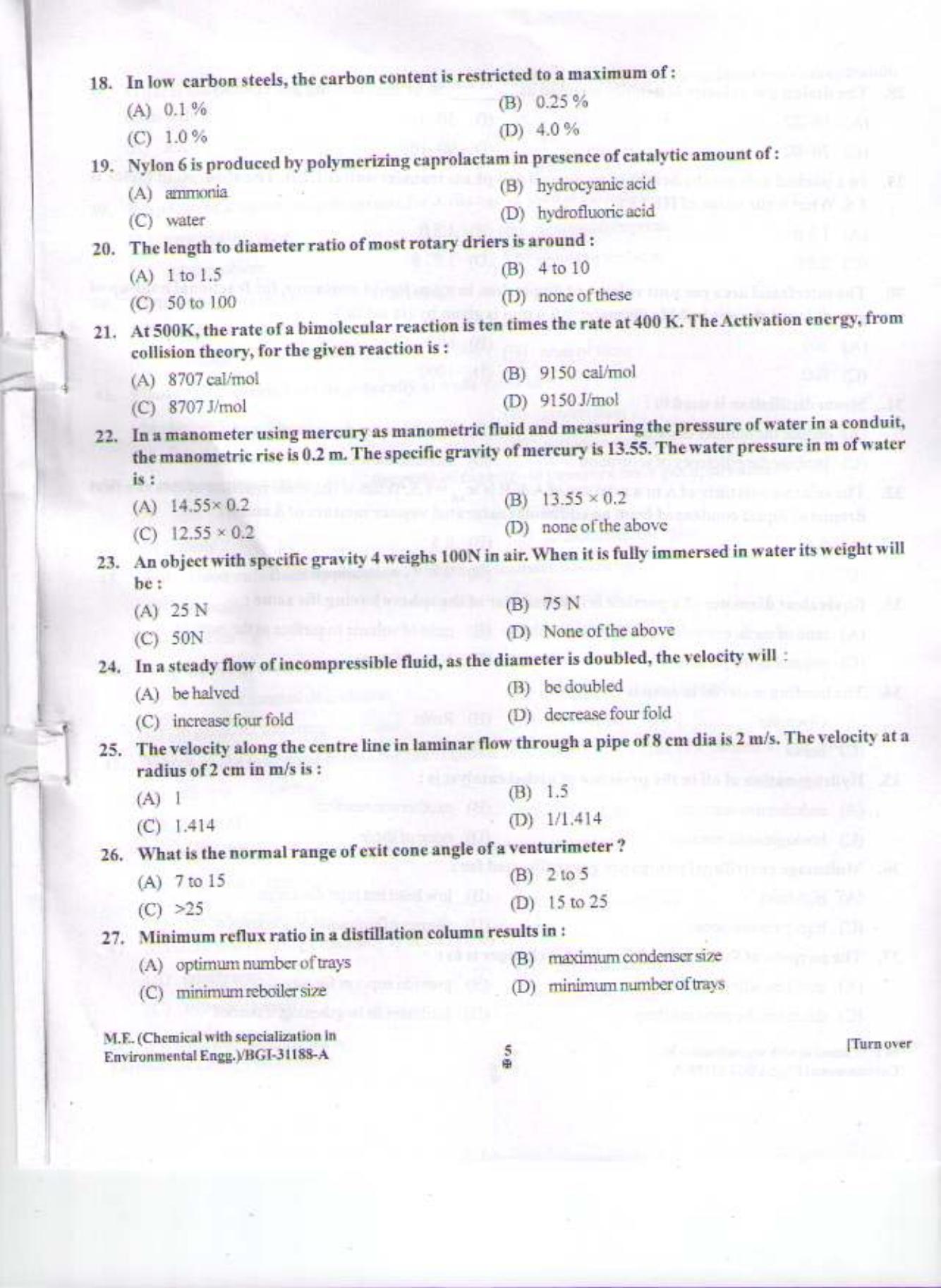 PU CET PG 2015: M.E. (Chemical with specialization in Environmental Engg.) Question Paper - Page 4