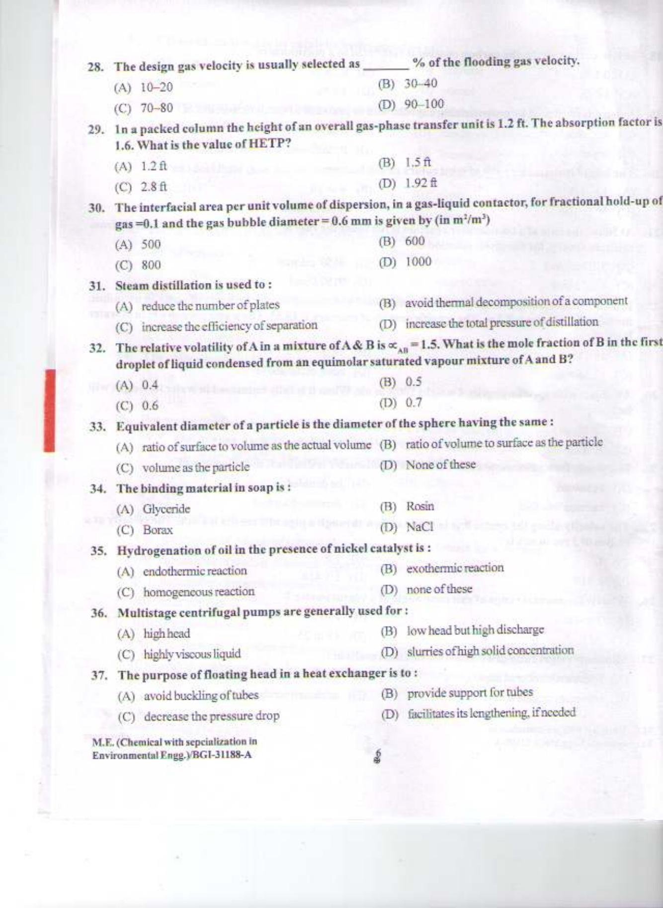 PU CET PG 2015: M.E. (Chemical with specialization in Environmental Engg.) Question Paper - Page 5