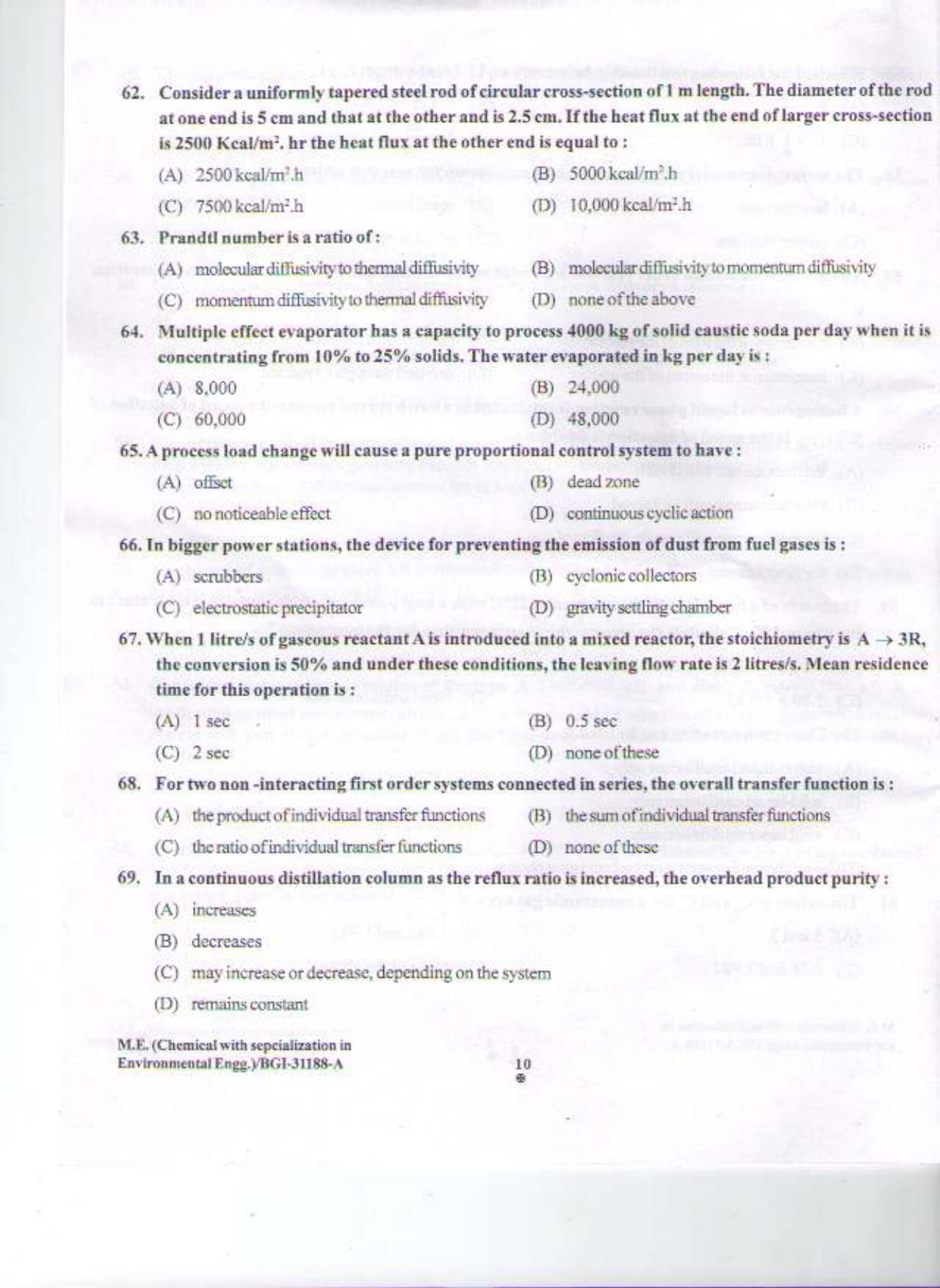 PU CET PG 2015: M.E. (Chemical with specialization in Environmental Engg.) Question Paper - Page 9