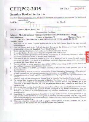 PU CET PG 2015: M.E. (Chemical with specialization in Environmental Engg.) Question Paper