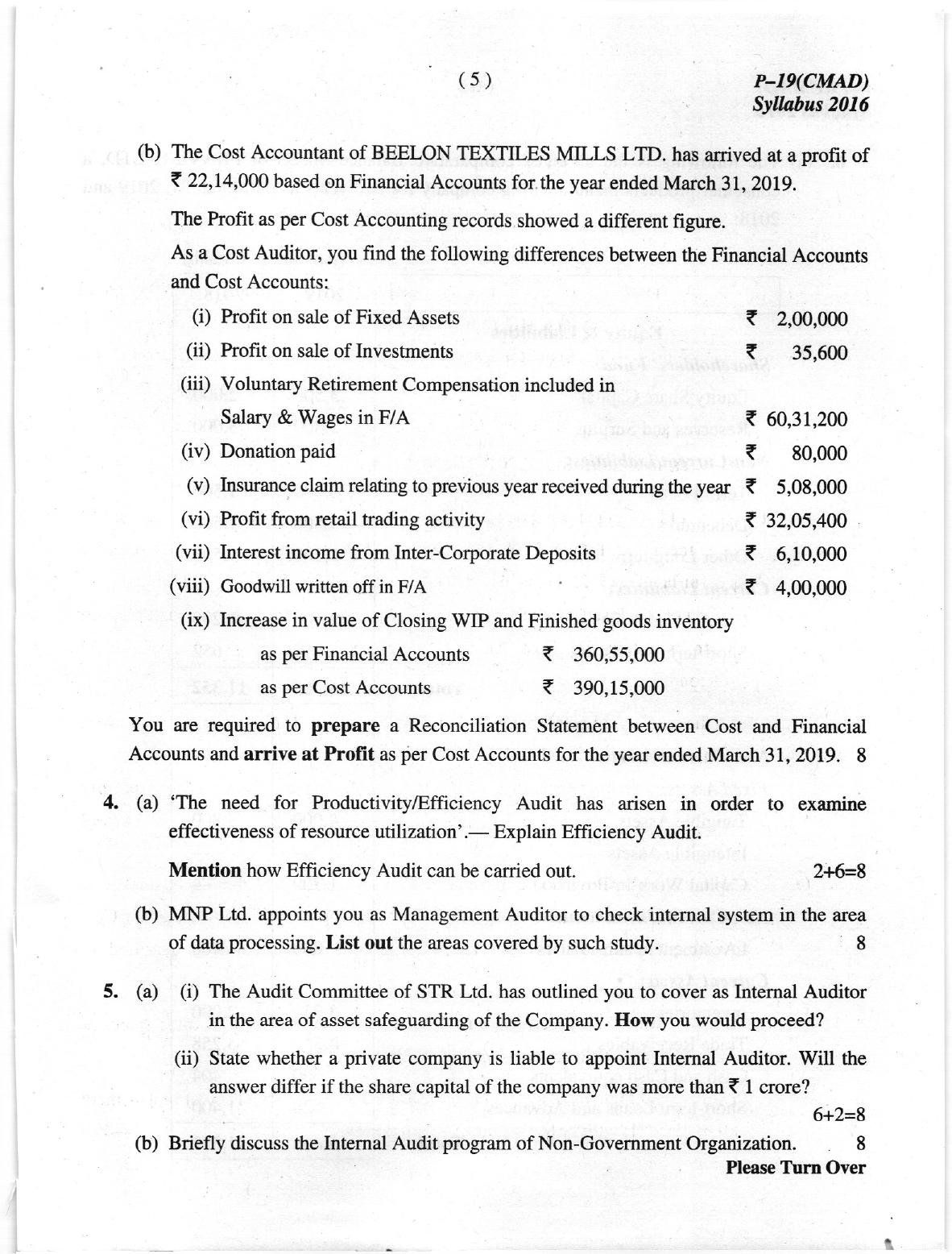 ICMAI June 2019 Cost and Management Audit Question Paper (Final)  - Page 5