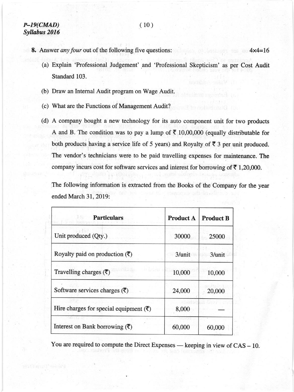 ICMAI June 2019 Cost and Management Audit Question Paper (Final)  - Page 10
