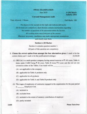 ICMAI June 2019 Cost and Management Audit Question Paper (Final) 