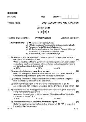Goa Board Class 12 Cost Accounting & Taxation Voc 221 1 (June 2018) Question Paper