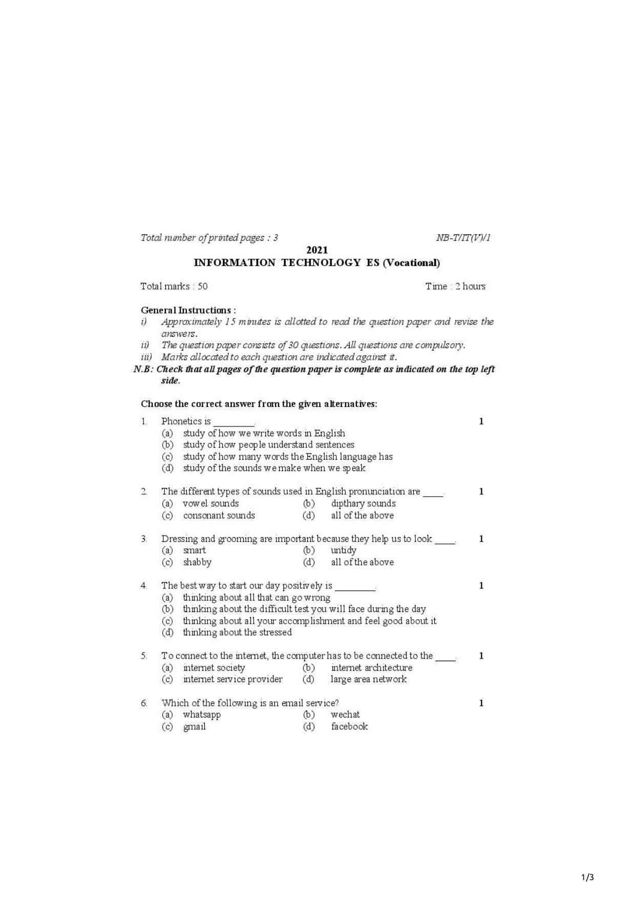 Nagaland Board Class 10 Information Technology ES 2021 Question Paper - Page 1