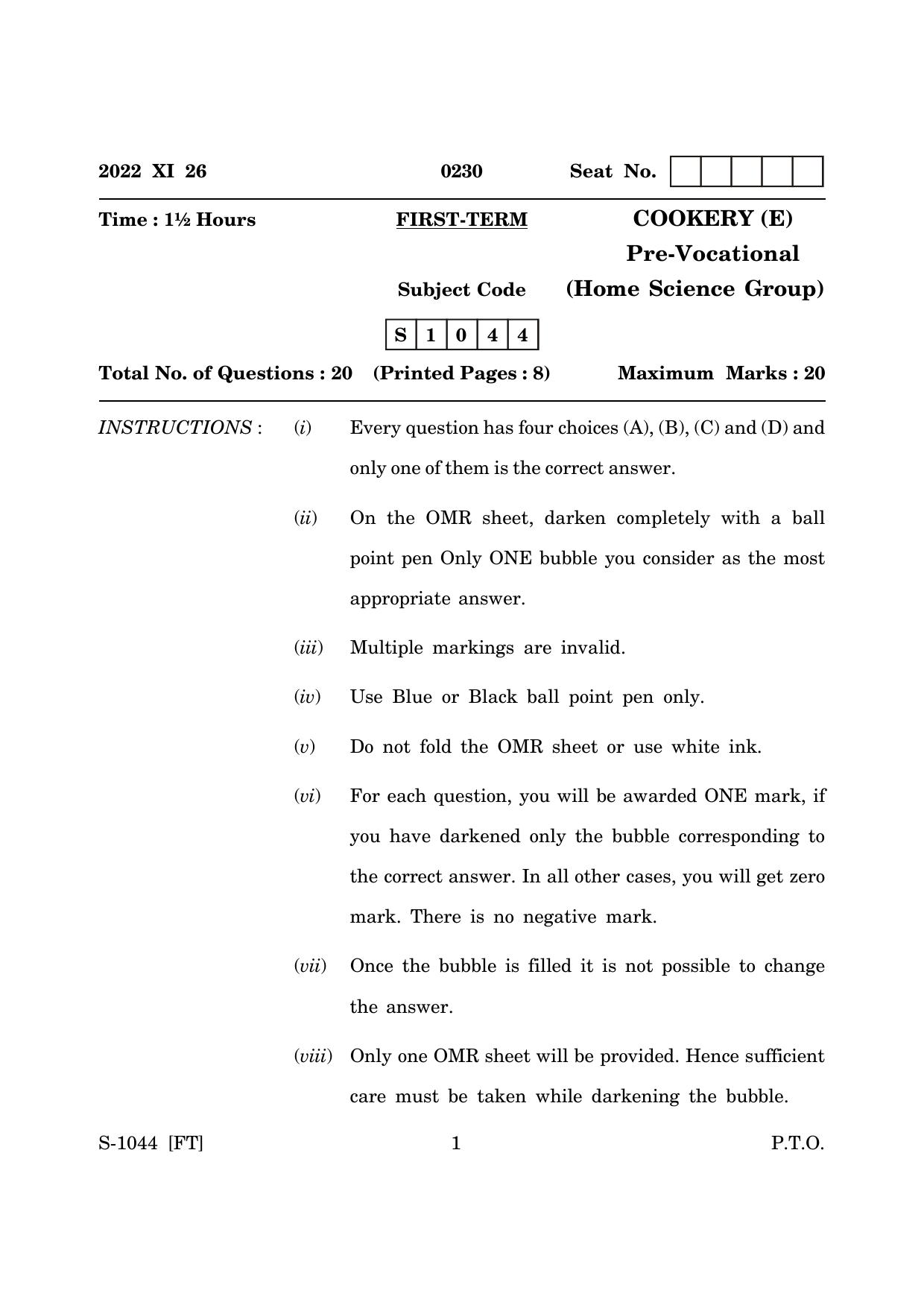 Goa Board Class 10 Cookery (E) (November 2022) Question Paper - Page 1