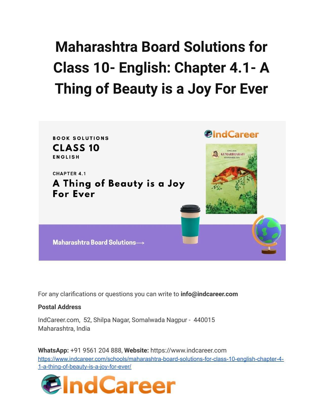 Maharashtra Board Solutions for Class 10- English: Chapter 4.1- A Thing of Beauty is a Joy For Ever - Page 1