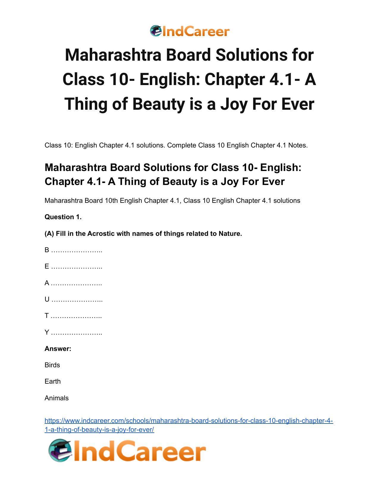 Maharashtra Board Solutions for Class 10- English: Chapter 4.1- A Thing of Beauty is a Joy For Ever - Page 2