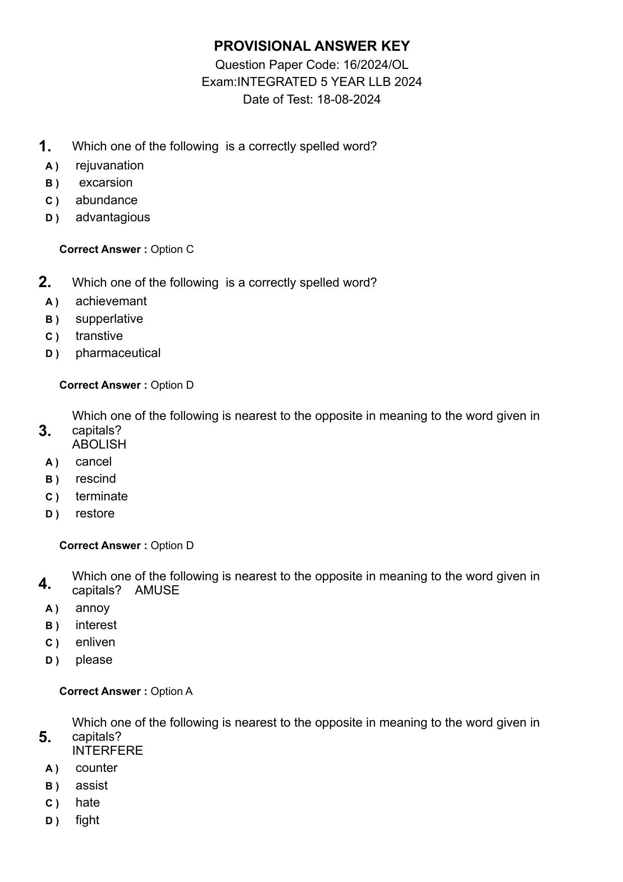KLEE 5 Year LLB Exam 2024 Question Paper - Page 1