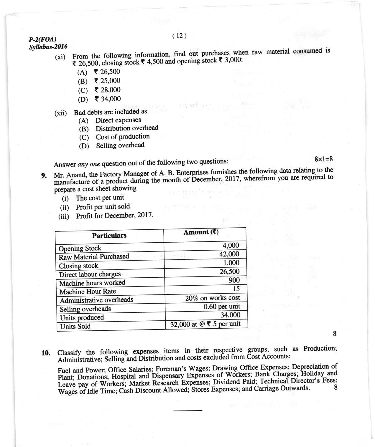ICMAI June 2018 Fundamentals of Accounting Question Paper  - Page 12