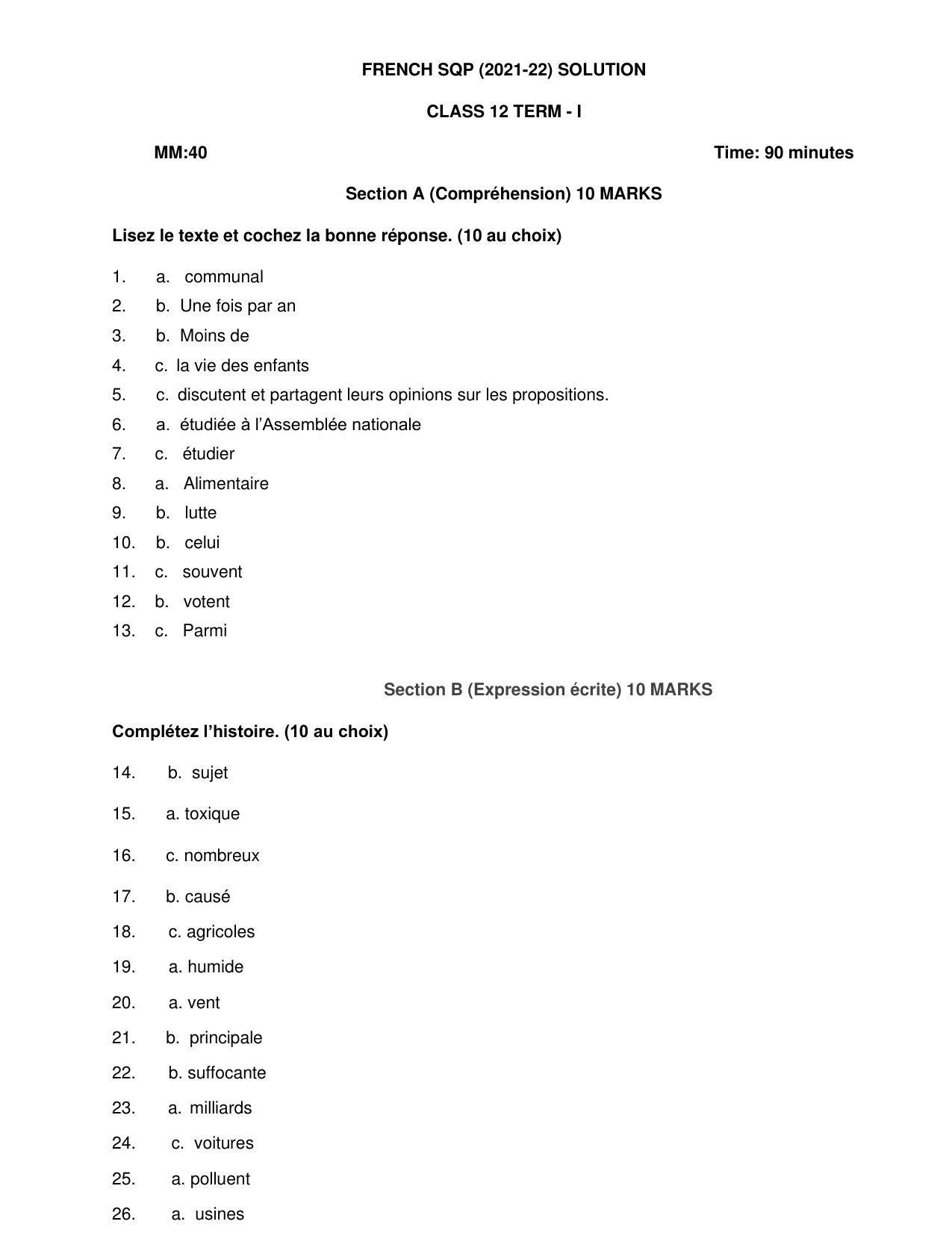 CBSE Class 12th French Sample Question Paper Answer Key 2021-22 - Page 1