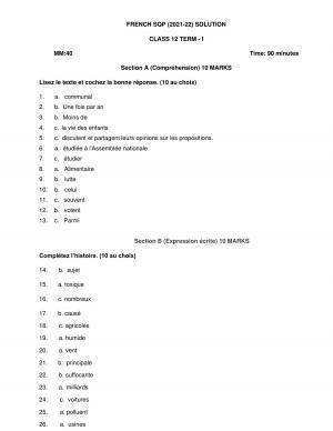 CBSE Class 12th French Sample Question Paper Answer Key 2021-22
