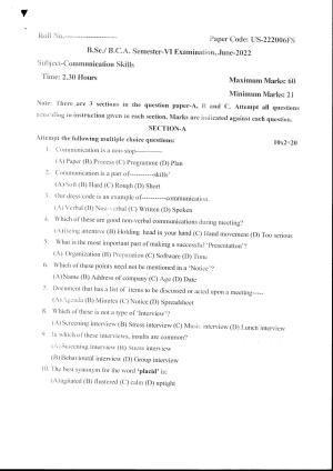 Bilaspur University Question Paper July 2022:B.Sc. (BIO) Semester-VI KG Raigarh Communicative Skills paper 1