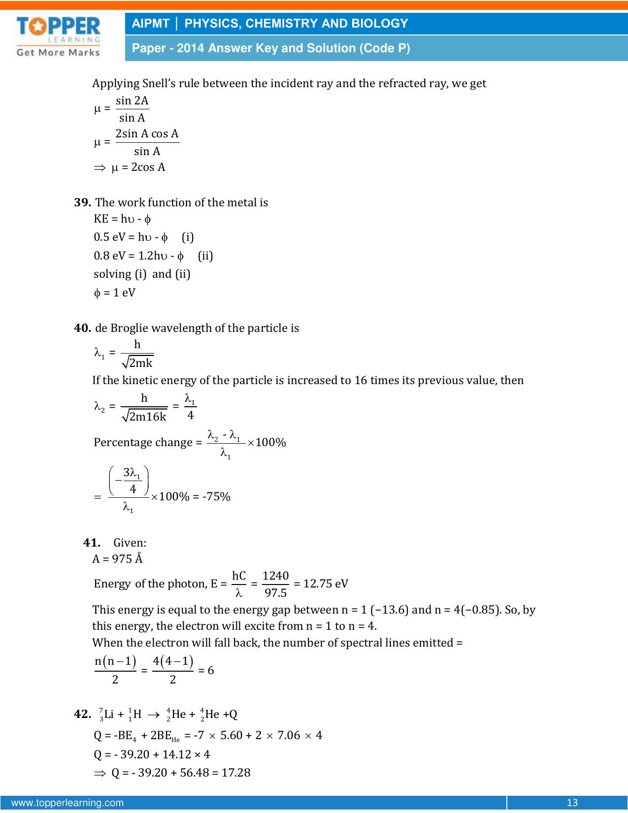 NEET Code P 2014 Answer & Solutions - Page 13