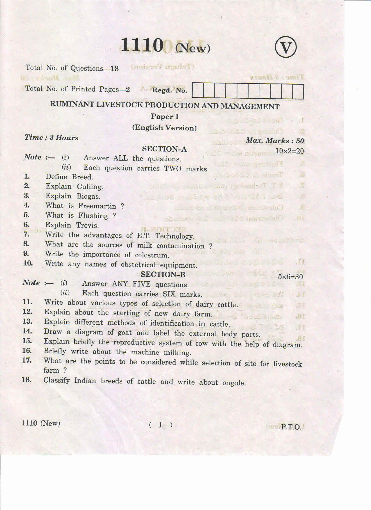 AP Inter 1st Year Ruminant Livestock Production and Management-I (New) May-2019-Vocational Question Paper - Page 1