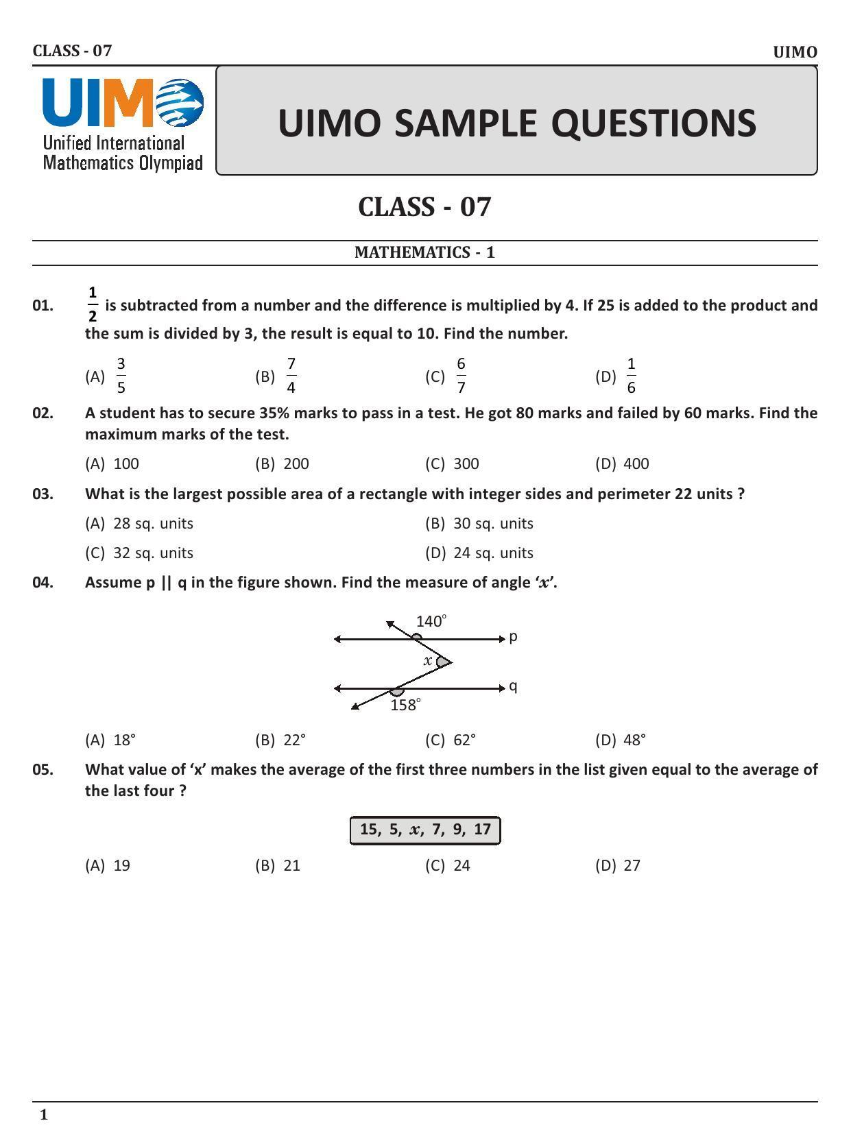 UIMO Class 7 2023 Sample Paper  - Page 1
